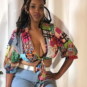 Multicolored Printing Deep V Neck Cropped Blouse